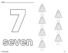 Free printable Christmas tree Christmas coloring page and counting worksheet, number 7 coloring page for preschool, pre-k, and kindergarten