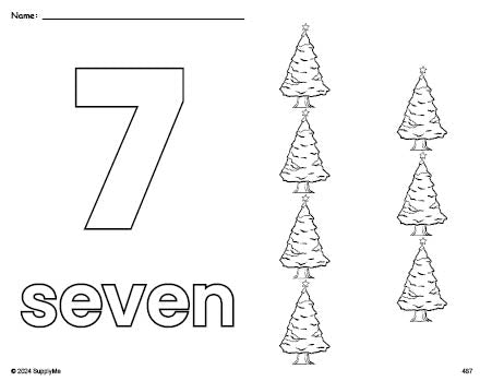 Free printable Christmas tree Christmas coloring page and counting worksheet, number 7 coloring page for preschool, pre-k, and kindergarten