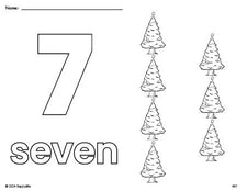 Free printable Christmas tree Christmas coloring page and counting worksheet, number 7 coloring page for preschool, pre-k, and kindergarten