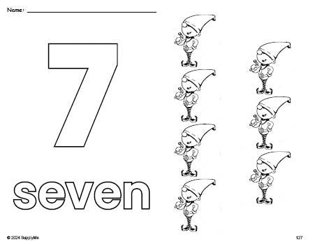 Free printable elf Christmas coloring page and counting worksheet, number 7 coloring page for preschool, pre-k, and kindergarten