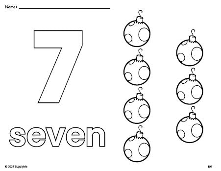 Free printable ornament Christmas coloring page and counting worksheet, number 7 coloring page for preschool, pre-k, and kindergarten