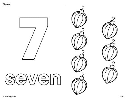 Free printable ornament Christmas coloring page and counting worksheet, number 7 coloring page for preschool, pre-k, and kindergarten