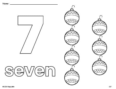 Free printable ornament Christmas coloring page and counting worksheet, number 7 coloring page for preschool, pre-k, and kindergarten