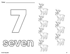 Free printable reindeer Christmas coloring page and counting worksheet, number 7 coloring page for preschool, pre-k, and kindergarten