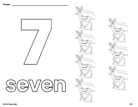 Free printable reindeer Christmas coloring page and counting worksheet, number 7 coloring page for preschool, pre-k, and kindergarten