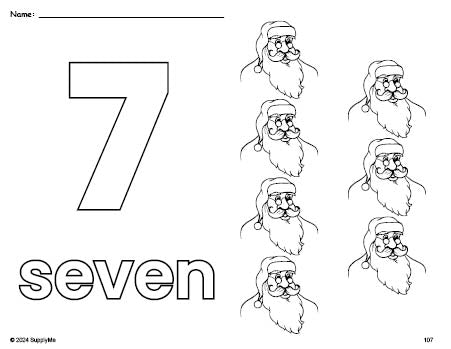 Free printable Santa Christmas coloring page and counting worksheet, number 7 coloring page for preschool, pre-k, and kindergarten