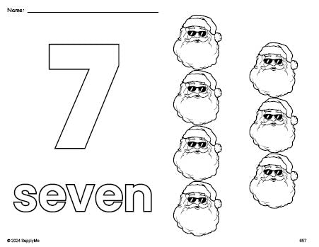 Free printable Santa Christmas coloring page and counting worksheet, number 7 coloring page for preschool, pre-k, and kindergarten