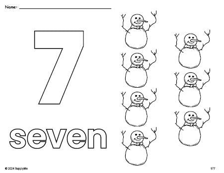 Free printable snowman winter coloring page and counting worksheet, number 7 coloring page for preschool, pre-k, and kindergarten