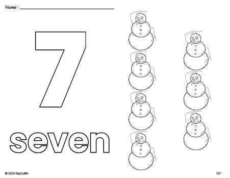 Free printable snowman winter coloring page and counting worksheet, number 7 coloring page for preschool, pre-k, and kindergarten