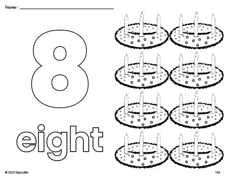 Free printable advent Christmas coloring page and counting worksheet, number 8 coloring page for preschool, pre-k, and kindergarten