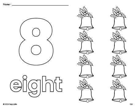 Free printable bell Christmas coloring page and counting worksheet, number 8 coloring page for preschool, pre-k, and kindergarten