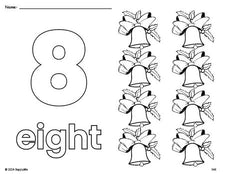 Free printable bell Christmas coloring page and counting worksheet, number 8 coloring page for preschool, pre-k, and kindergarten