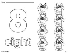 Free printable bell Christmas coloring page and counting worksheet, number 8 coloring page for preschool, pre-k, and kindergarten