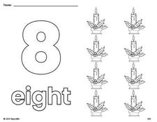 Free printable candle Christmas coloring page and counting worksheet, number 8 coloring page for preschool, pre-k, and kindergarten