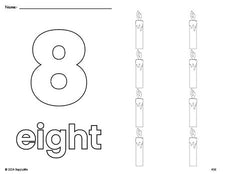 Free printable candle Christmas coloring page and counting worksheet, number 8 coloring page for preschool, pre-k, and kindergarten