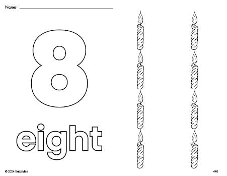 Free printable candle Christmas coloring page and counting worksheet, number 8 coloring page for preschool, pre-k, and kindergarten