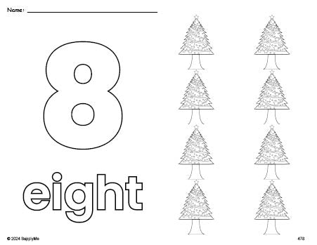 Free printable Christmas tree Christmas coloring page and counting worksheet, number 8 coloring page for preschool, pre-k, and kindergarten