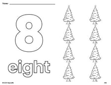 Free printable Christmas tree Christmas coloring page and counting worksheet, number 8 coloring page for preschool, pre-k, and kindergarten