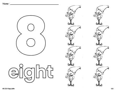 Free printable elf Christmas coloring page and counting worksheet, number 8 coloring page for preschool, pre-k, and kindergarten