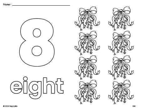 Free printable mistletoe Christmas coloring page and counting worksheet, number 8 coloring page for preschool, pre-k, and kindergarten