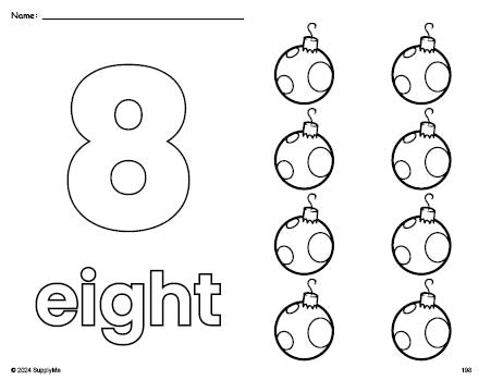 Free printable ornament Christmas coloring page and counting worksheet, number 8 coloring page for preschool, pre-k, and kindergarten