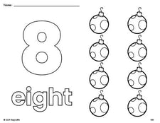 Free printable ornament Christmas coloring page and counting worksheet, number 8 coloring page for preschool, pre-k, and kindergarten