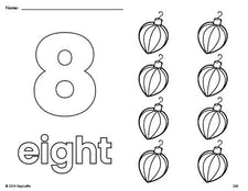 Free printable ornament Christmas coloring page and counting worksheet, number 8 coloring page for preschool, pre-k, and kindergarten