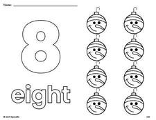 Free printable ornament Christmas coloring page and counting worksheet, number 8 coloring page for preschool, pre-k, and kindergarten