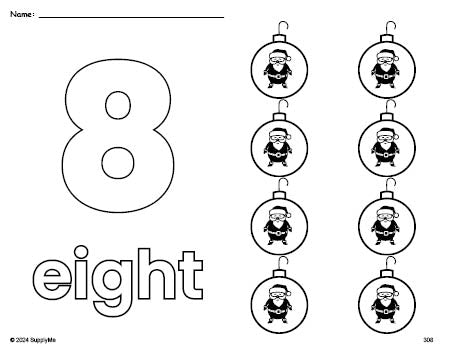 Free printable ornament Christmas coloring page and counting worksheet, number 8 coloring page for preschool, pre-k, and kindergarten