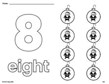 Free printable ornament Christmas coloring page and counting worksheet, number 8 coloring page for preschool, pre-k, and kindergarten