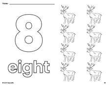 Free printable reindeer Christmas coloring page and counting worksheet, number 8 coloring page for preschool, pre-k, and kindergarten