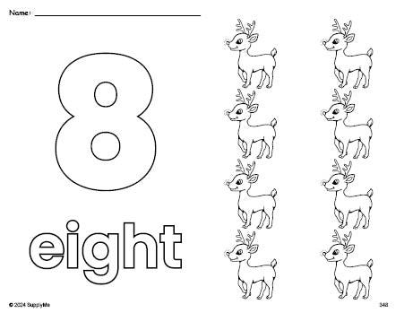 Free printable reindeer Christmas coloring page and counting worksheet, number 8 coloring page for preschool, pre-k, and kindergarten