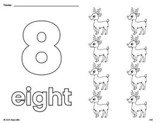 Free printable reindeer Christmas coloring page and counting worksheet, number 8 coloring page for preschool, pre-k, and kindergarten