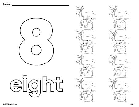 Free printable reindeer Christmas coloring page and counting worksheet, number 8 coloring page for preschool, pre-k, and kindergarten