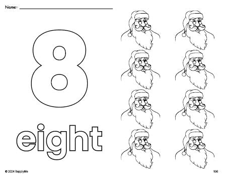 Free printable Santa Christmas coloring page and counting worksheet, number 8 coloring page for preschool, pre-k, and kindergarten