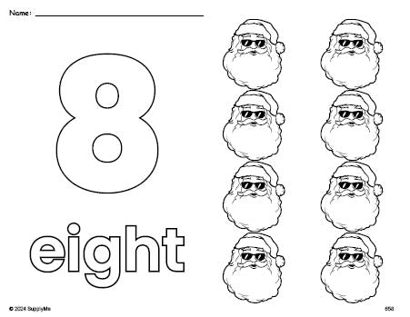 Free printable Santa Christmas coloring page and counting worksheet, number 8 coloring page for preschool, pre-k, and kindergarten