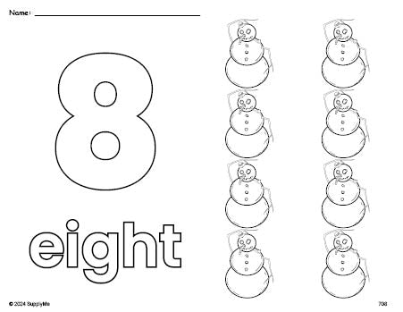 Free printable snowman winter coloring page and counting worksheet, number 8 coloring page for preschool, pre-k, and kindergarten