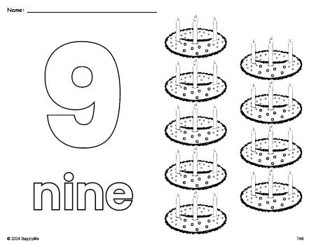 Free printable advent Christmas coloring page and counting worksheet, number 9 coloring page for preschool, pre-k, and kindergarten