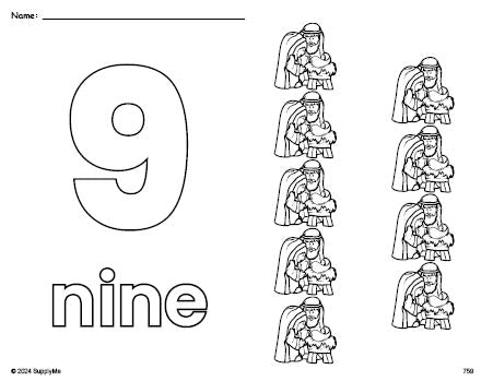 Free printable Baby Jesus Christmas coloring page and counting worksheet, number 9 coloring page for preschool, pre-k, and kindergarten