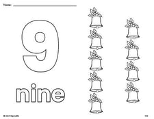 Free printable bell Christmas coloring page and counting worksheet, number 9 coloring page for preschool, pre-k, and kindergarten