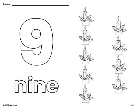 Free printable candle Christmas coloring page and counting worksheet, number 9 coloring page for preschool, pre-k, and kindergarten