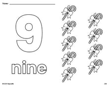 Free printable candy cane Christmas coloring page and counting worksheet, number 9 coloring page for preschool, pre-k, and kindergarten