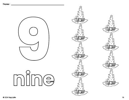 Free printable Christmas tree Christmas coloring page and counting worksheet, number 9 coloring page for preschool, pre-k, and kindergarten