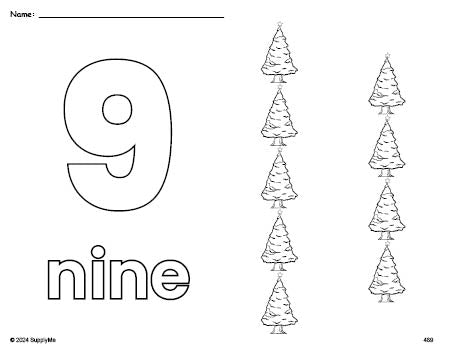 Free printable Christmas tree Christmas coloring page and counting worksheet, number 9 coloring page for preschool, pre-k, and kindergarten