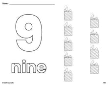 Free printable gift Christmas coloring page and counting worksheet, number 9 coloring page for preschool, pre-k, and kindergarten