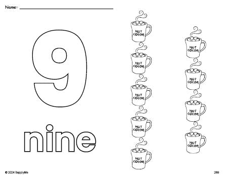 Free printable hot chocolate winter coloring page and counting worksheet, number 9 coloring page for preschool, pre-k, and kindergarten