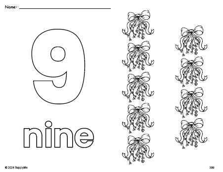 Free printable mistletoe Christmas coloring page and counting worksheet, number 9 coloring page for preschool, pre-k, and kindergarten