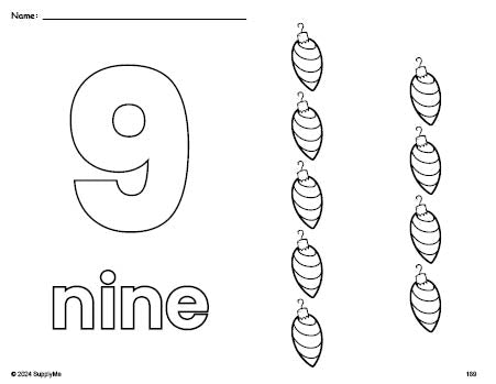 Free printable ornament Christmas coloring page and counting worksheet, number 9 coloring page for preschool, pre-k, and kindergarten