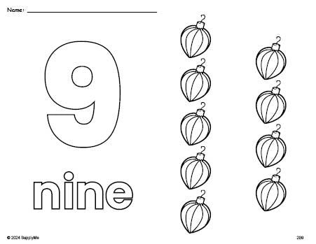 Free printable ornament Christmas coloring page and counting worksheet, number 9 coloring page for preschool, pre-k, and kindergarten