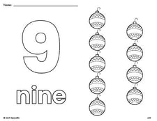 Free printable ornament Christmas coloring page and counting worksheet, number 9 coloring page for preschool, pre-k, and kindergarten